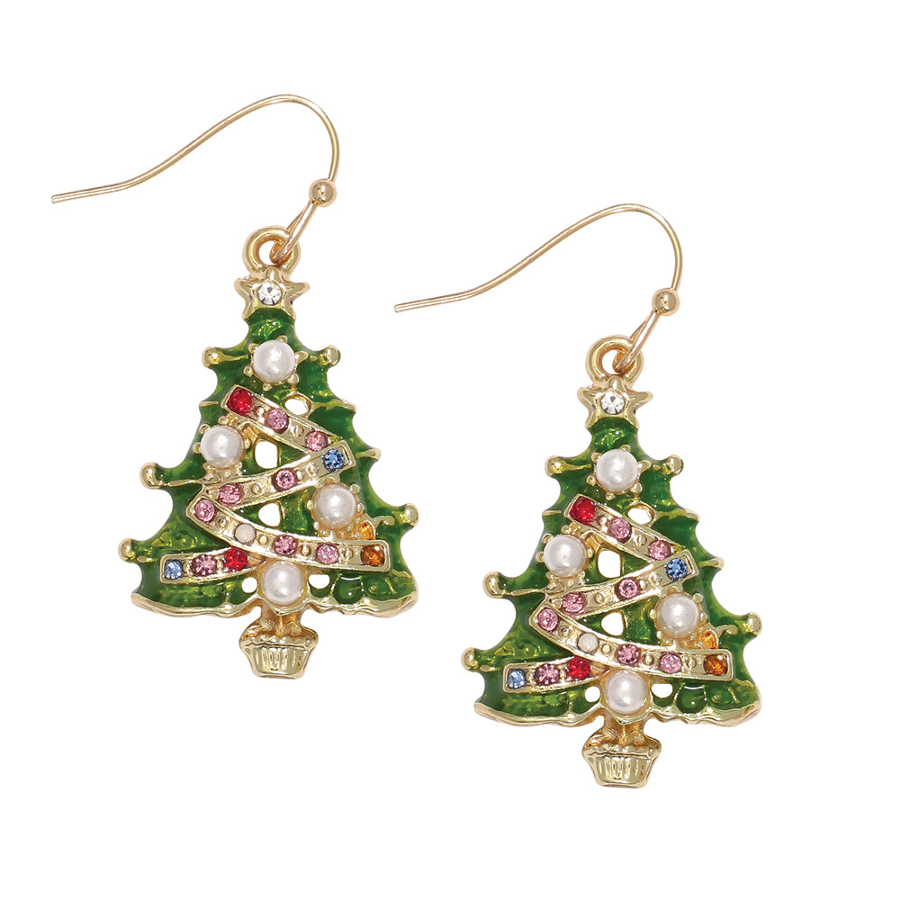 Earrings-Xmas Tree w Crystal+Pearl