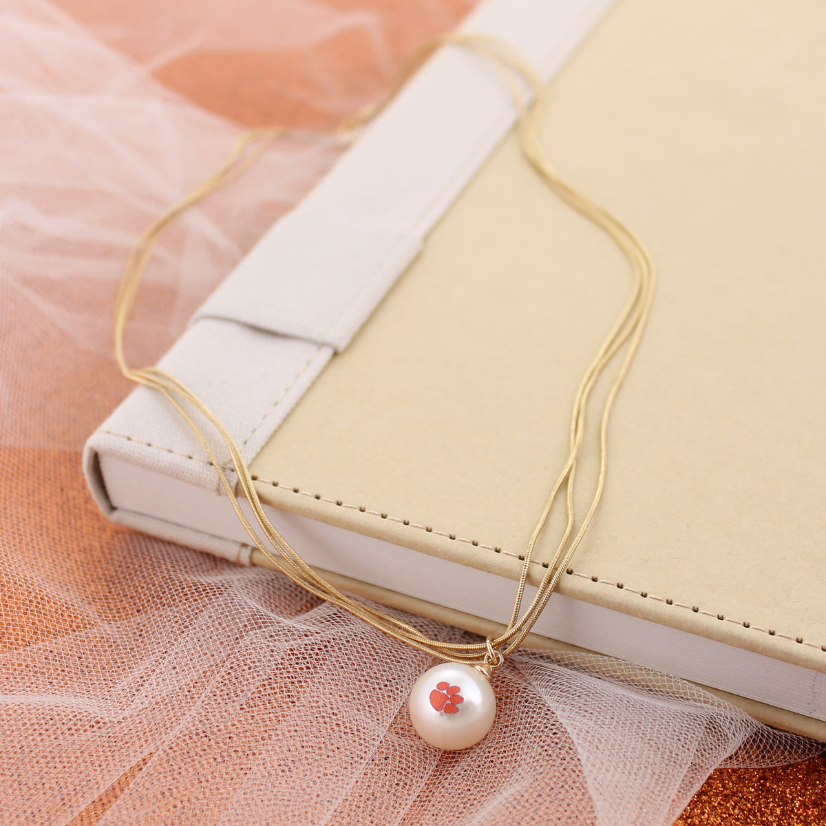 Clemson Tigers Gold & Pearl Logo 3-Strand Necklace