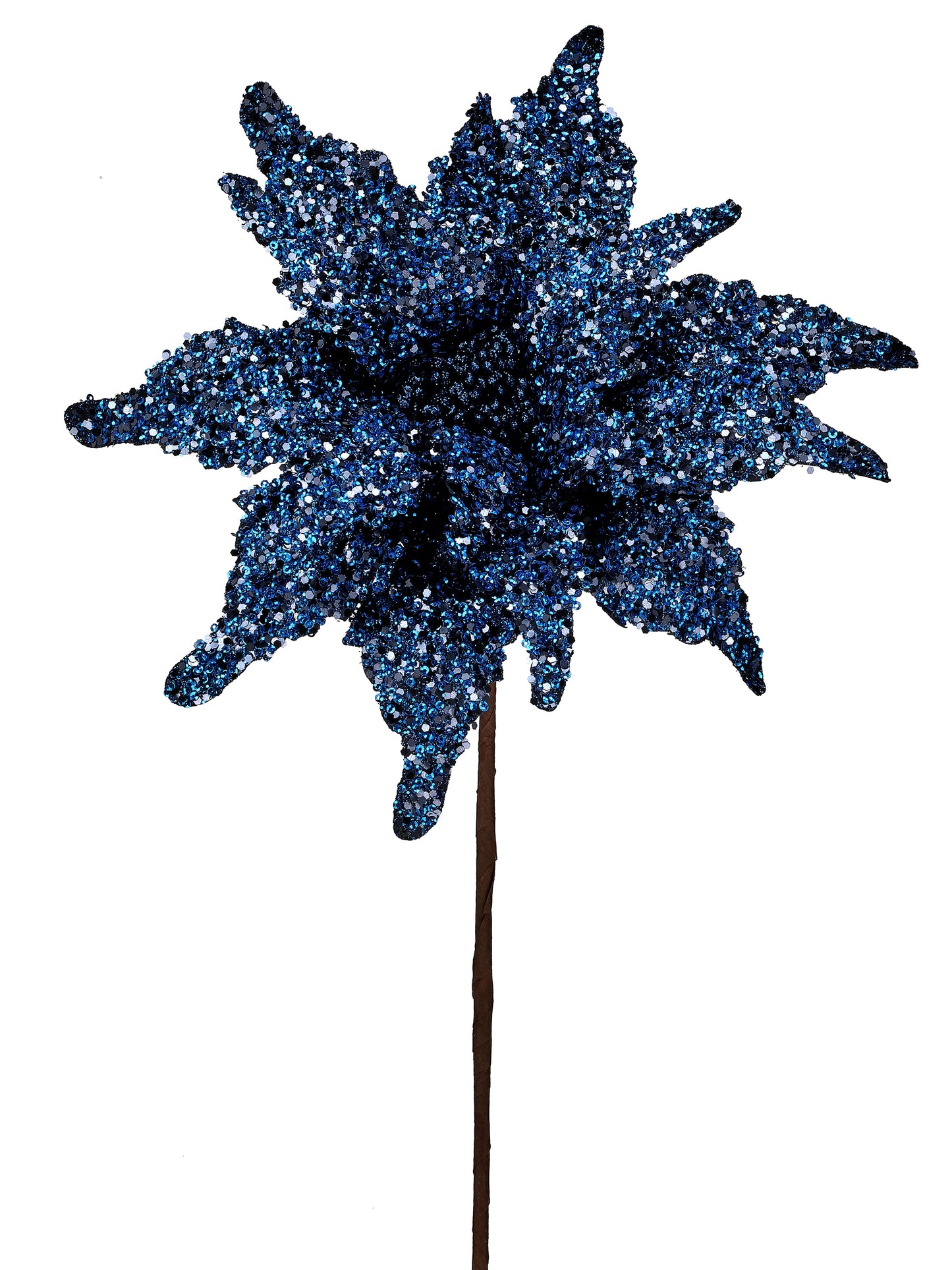 BLUE SEQUIN GLITTER POINSETTIA STEM