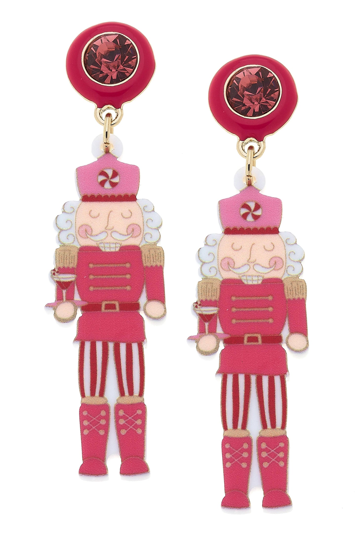 Rhinestone Resin Nutcracker Earrings in Fuchsia & White