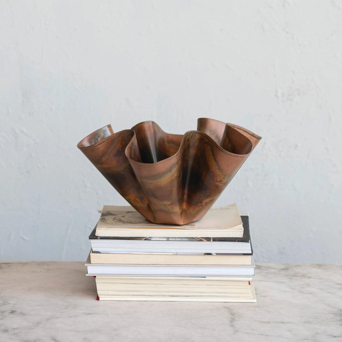 Decorative Metal Ruffled Bowl, Oxidized Copper Finish