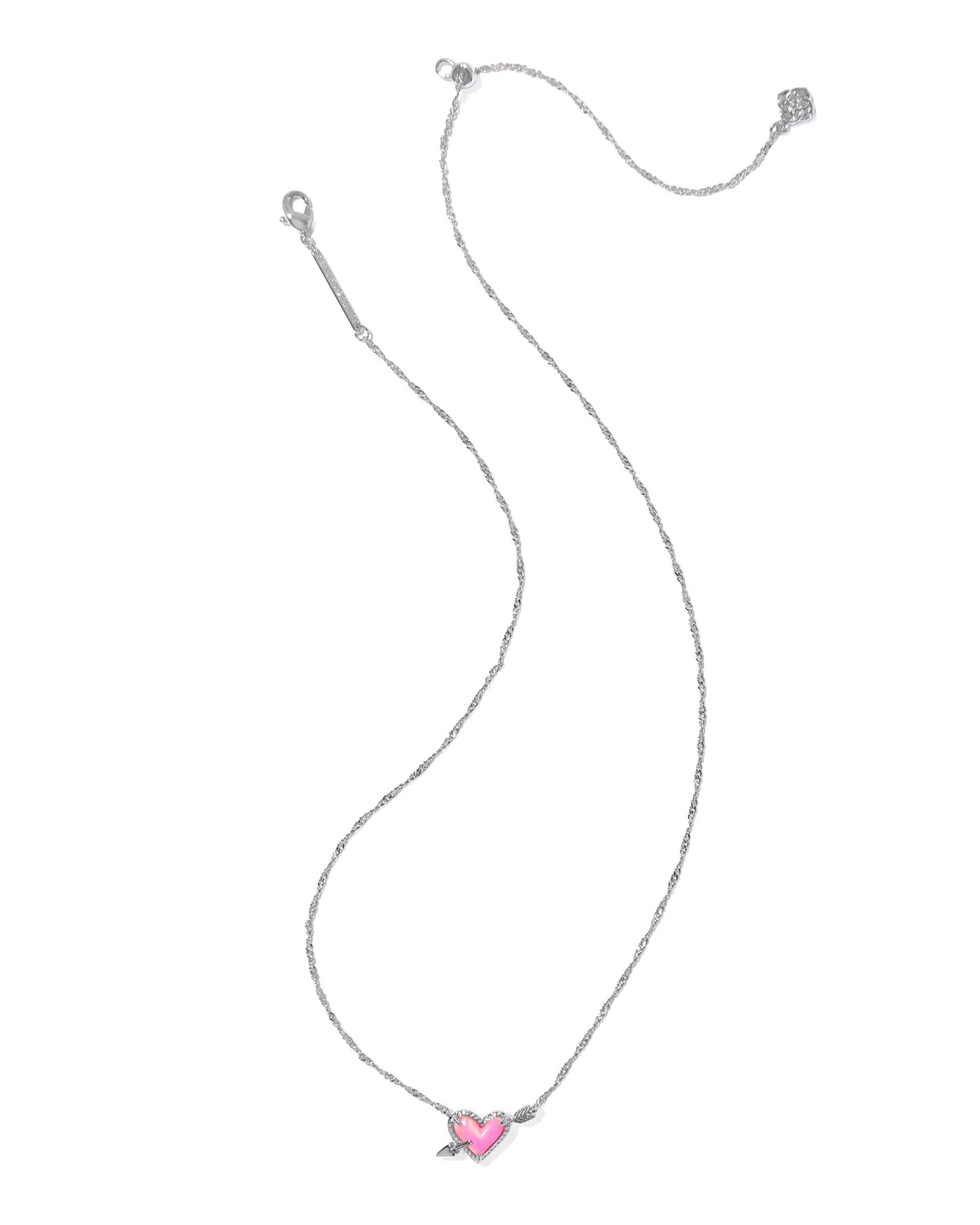 ARI HEART ARROW SHORT PENDANT NECKLACE SILVER PINK OPALESCENT RESIN