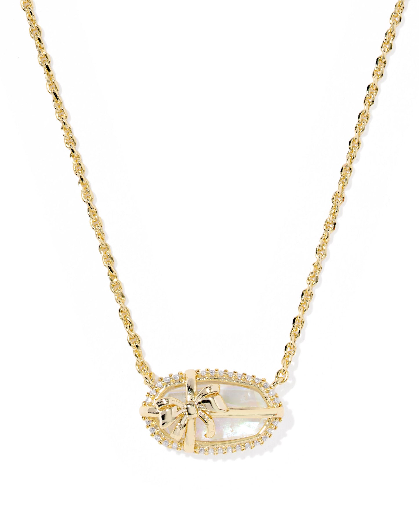 ELISA BOW SHORT PENDANT NECKLACE GOLD IRIDESCENT CRYSTAL IVORY ILLUSION