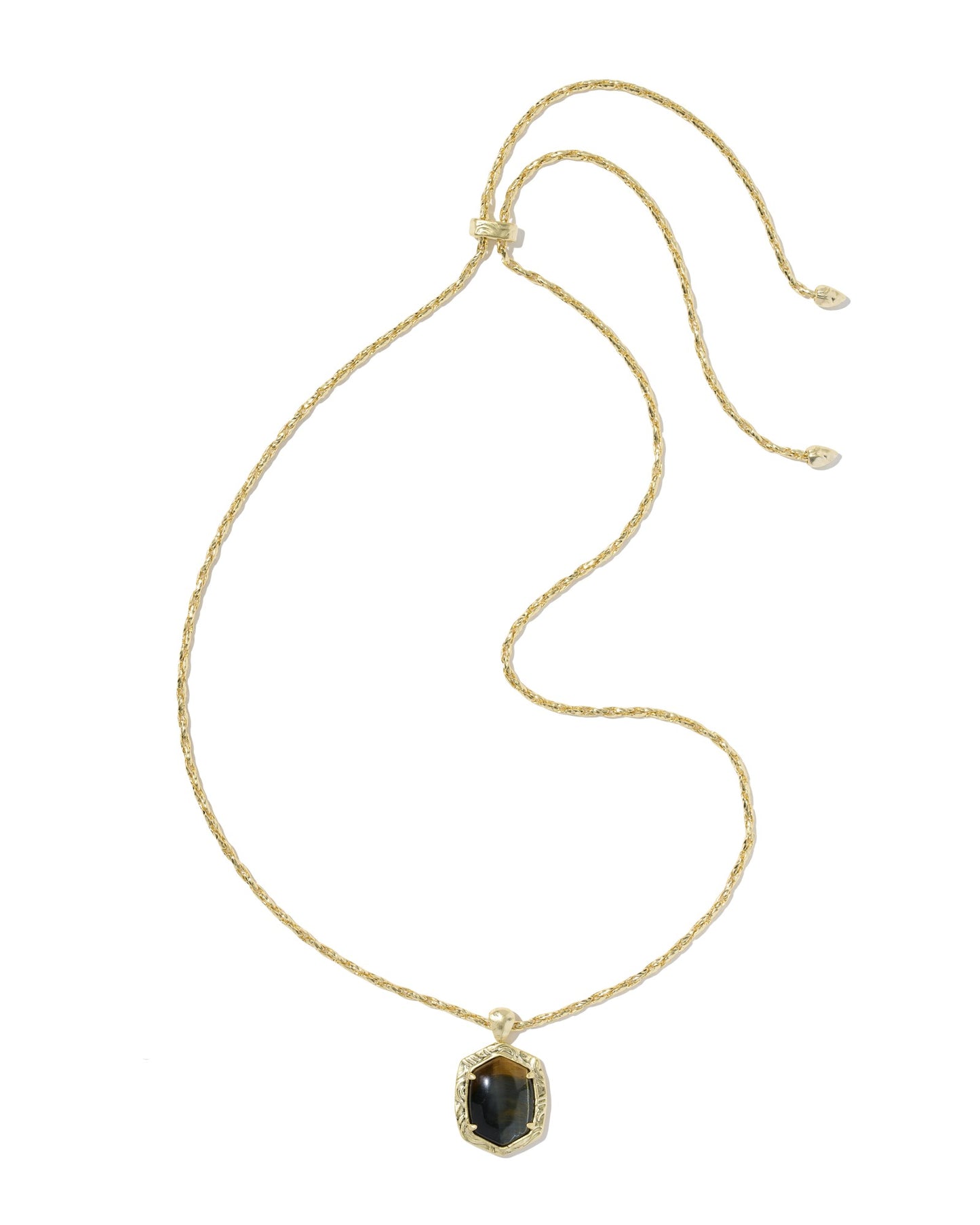 TIGER STRIPED DAPHNE SMALL LONG PENDANT NECKLACE GOLD DARK BROWN HAWK'S EYE