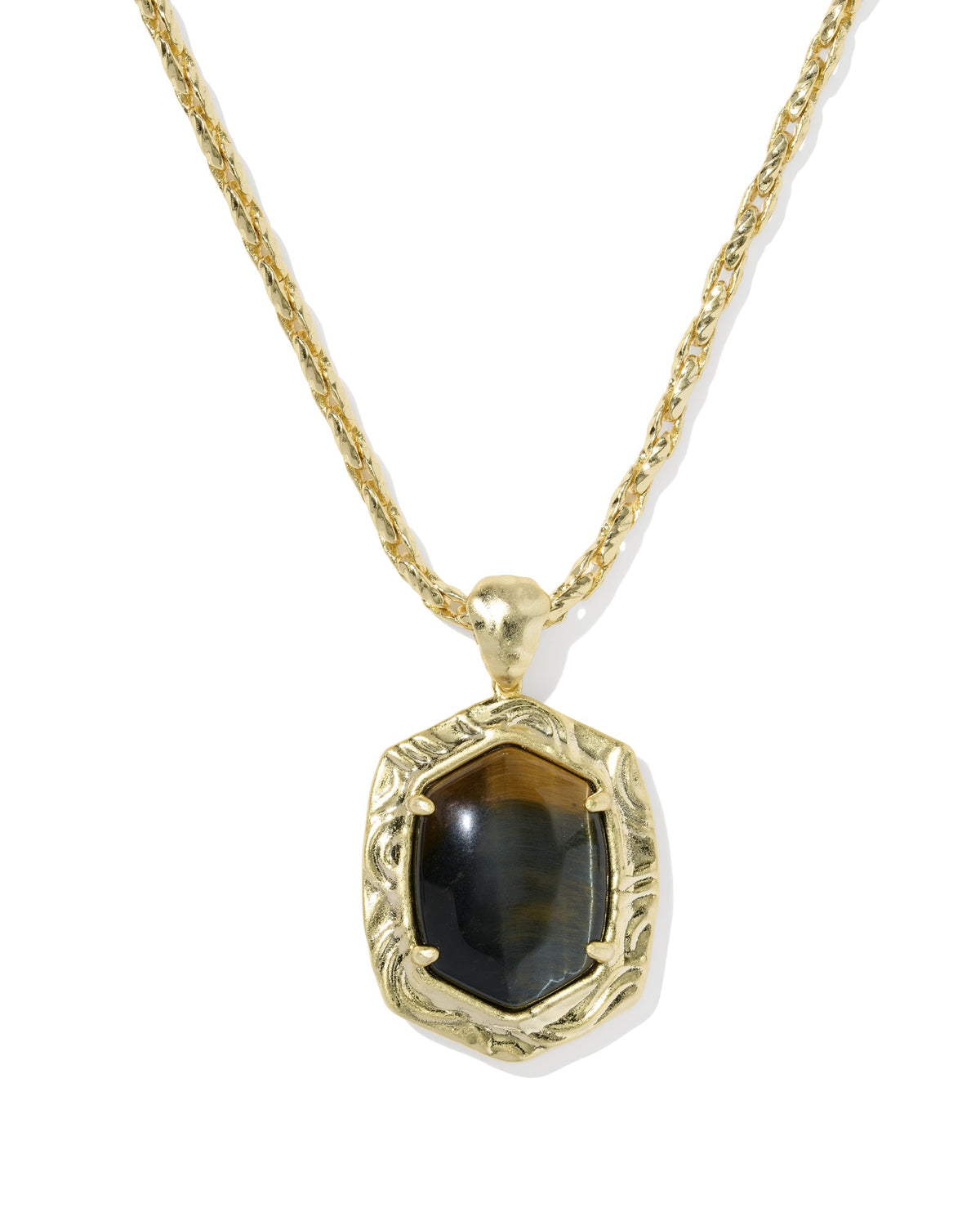 TIGER STRIPED DAPHNE SMALL LONG PENDANT NECKLACE GOLD DARK BROWN HAWK'S EYE