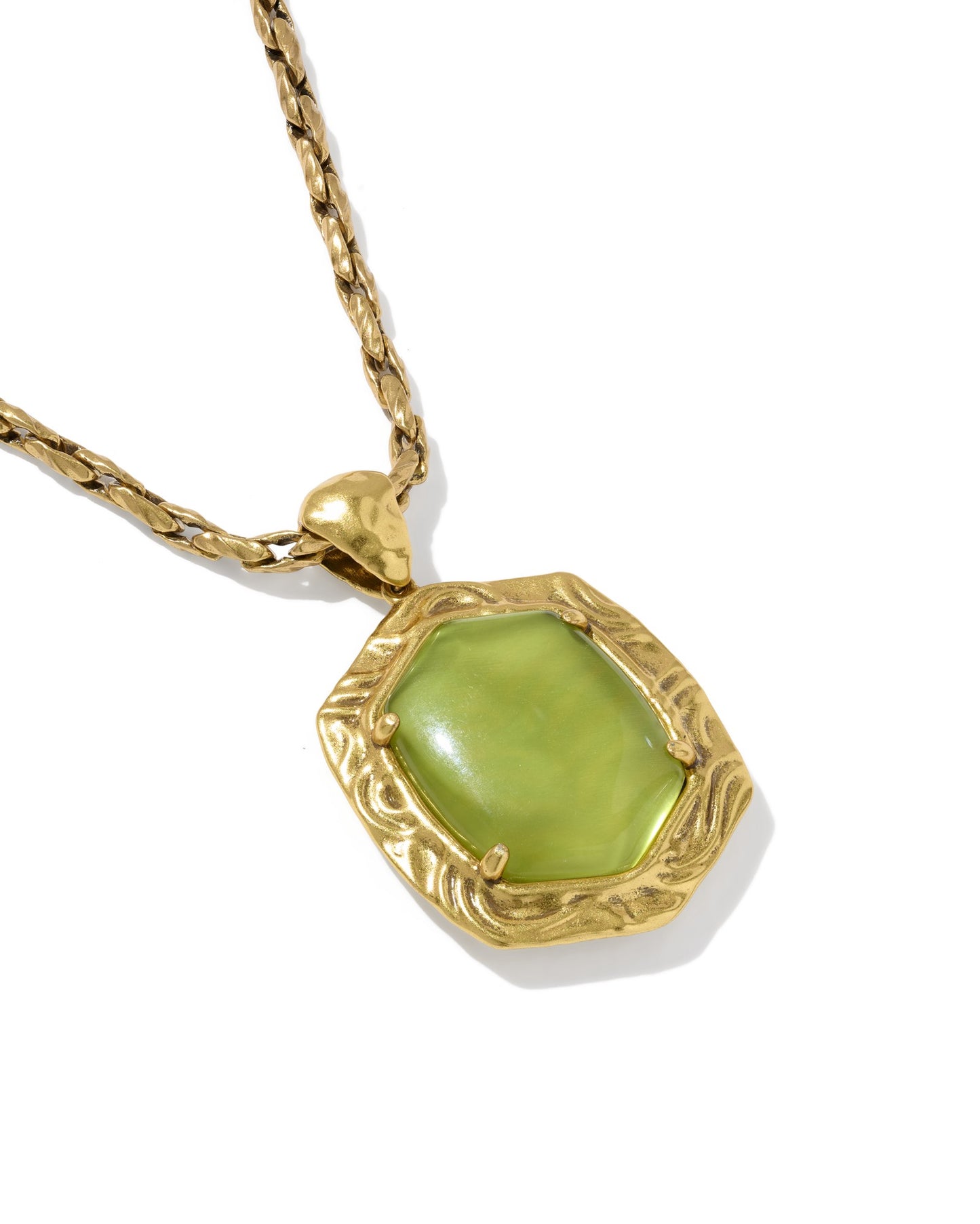 TIGER STRIPED DAPHNE SMALL LONG PENDANT NECKLACE VINTAGE GOLD CHARTREUSE GREEN MOTHER OF PEARL