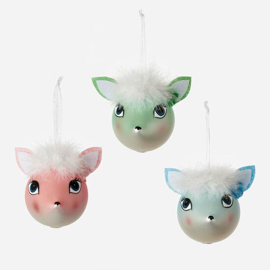 Fuzzy Top Deer Head Ornament - Glass, 4.25"
