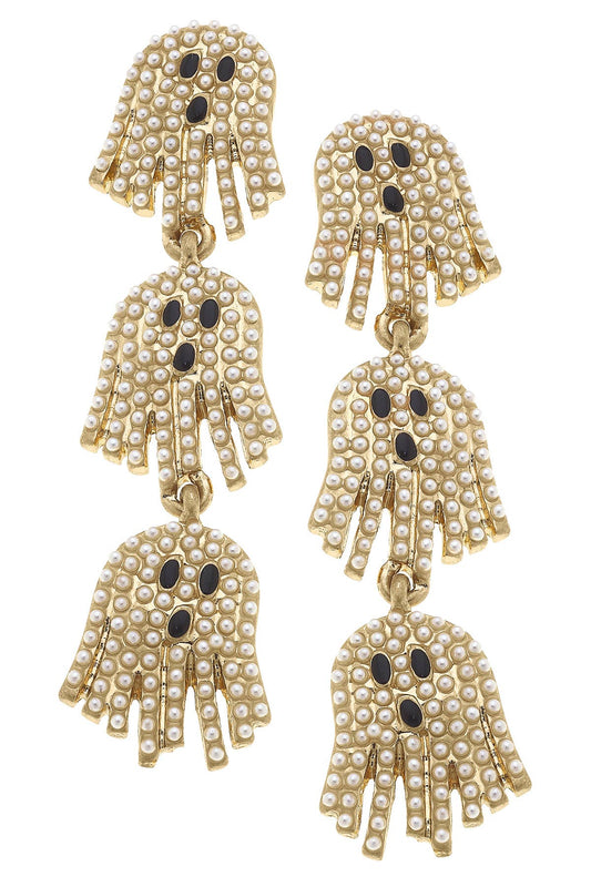 Halloween Ghost Pearl Studded Triple Drop Earrings in Ivory