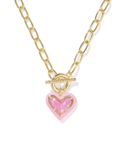 ARI HEART ENAMEL FRAME LINK AND CHAIN NECKLACE GOLD PINK IRIDESCENT GLITTER GLASS