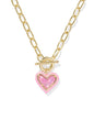 ARI HEART ENAMEL FRAME LINK AND CHAIN NECKLACE GOLD PINK IRIDESCENT GLITTER GLASS