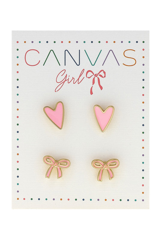 CLEMENTINE ENAMEL HEART & BOW CHILDREN'S STUD EARRING SET