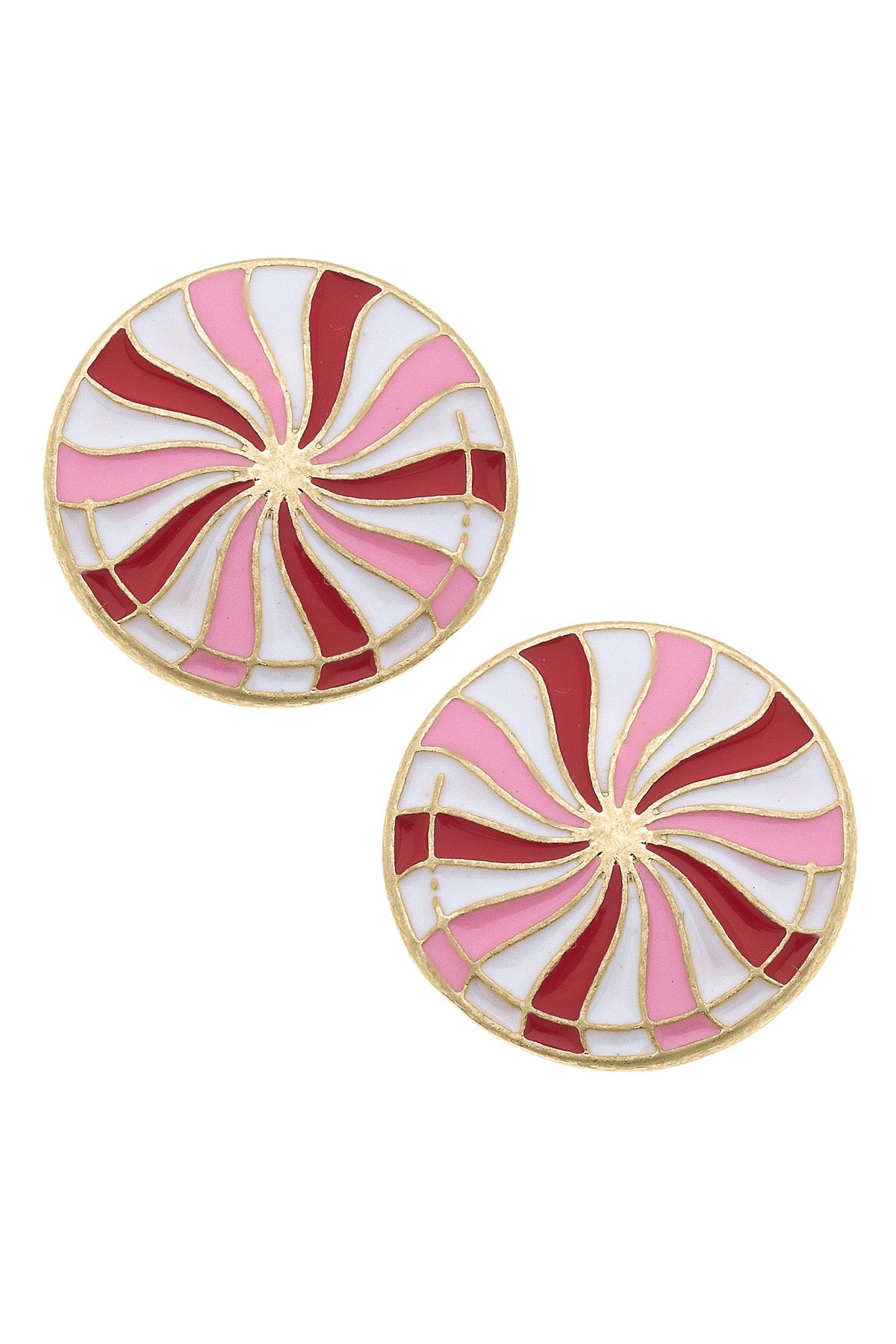 PEPPERMINT CANDY ENAMEL STUD EARRINGS IN PINK & RED