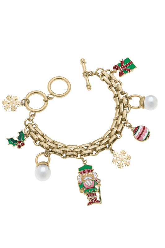 HOLLY JOLLY NUTCRACKER ENAMEL CHARM BRACELET IN PINK & GREEN