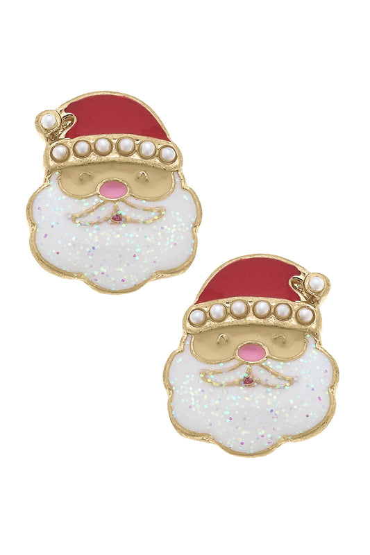 SANTA FACE PEARL STUDDED ENAMEL STUD EARRINGS IN RED & WHITE