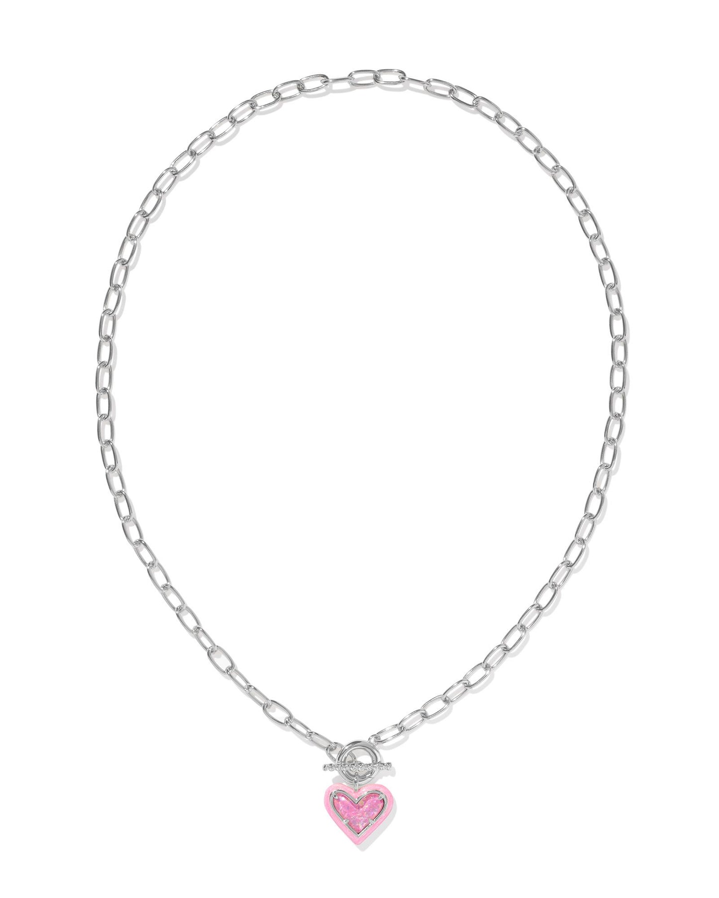 ARI HEART ENAMEL FRAME LINK AND CHAIN NECKLACE SILVER PINK IRIDESCENT GLITTER GLASS