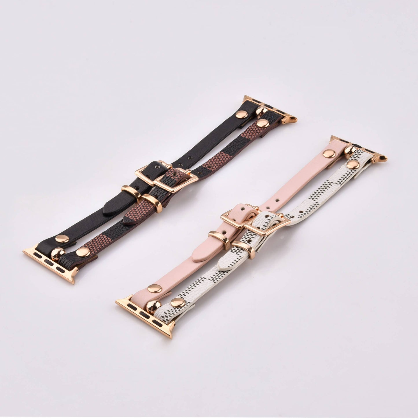 Damier Checkered Apple Watch Band Leather Strap: 42/44/45mm / Ivory/Pink