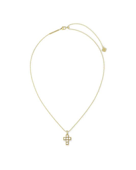 PEARL CROSS SHORT PENDANT NECKLACE GOLD WHITE PEARL