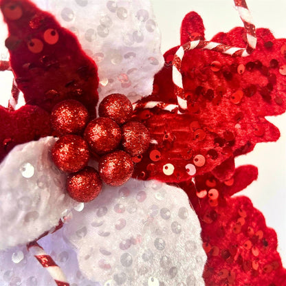 Mixed Velvet/Sequin Leaf Poinsettia Stem - Red/White 28”