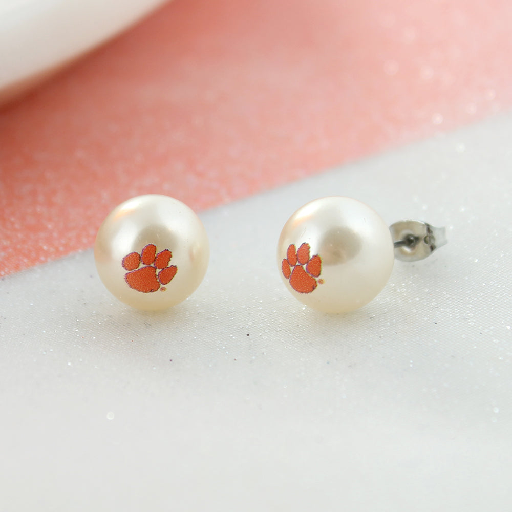 Clemson Tigers Logo Pearl Stud Earrings