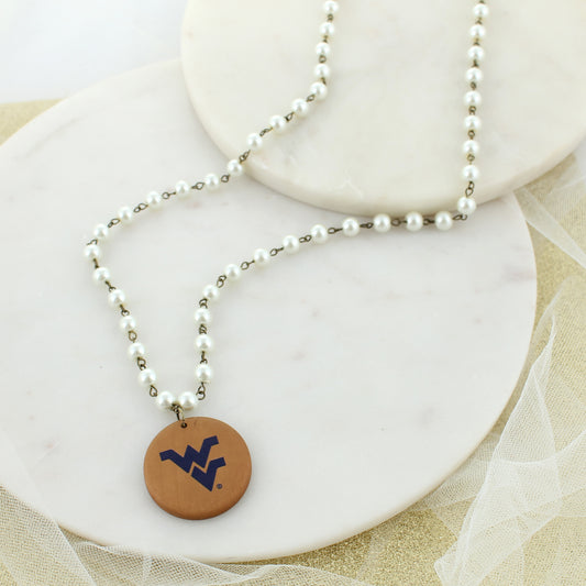 West Virginia Logo Wood Disc Necklace