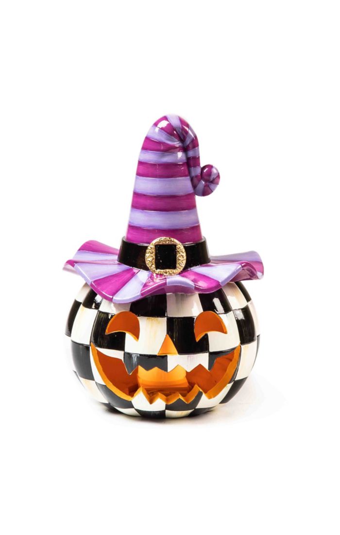 Mackenzie-Childs Illuminated Happy Jack Pumpkin with Purple Hat