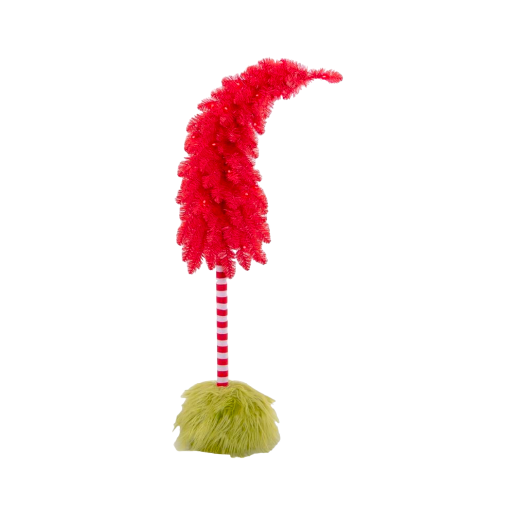 Red Whimsical Tree with Green Fur and LED Lights - 36