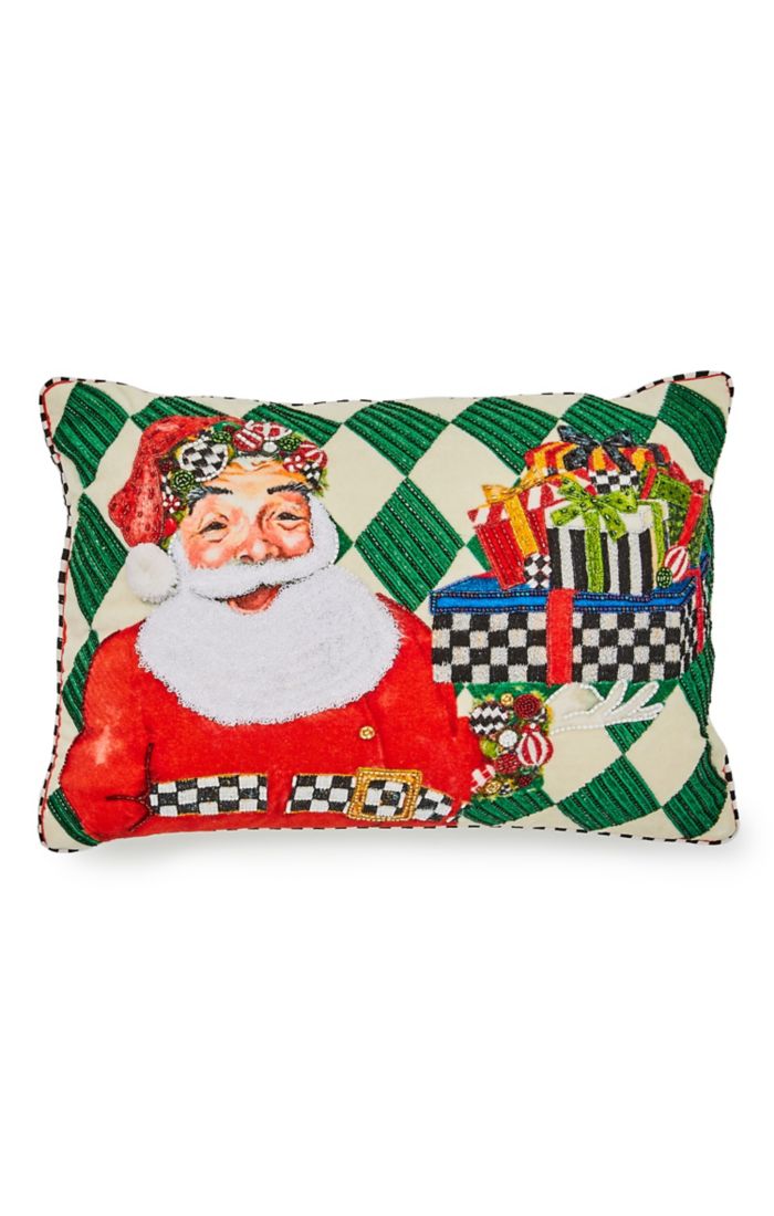 Mackenzie-Childs Jolly Holiday Santa with Packages Beaded Lumbar Pillow