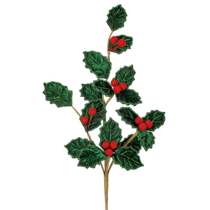 25" BEADED VELVET HOLLY SPRAY