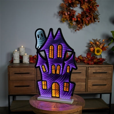 HAUNTED HOUSE W/GHOST INFINITY LIGHT 23.5”H ACRYLIC UL PLUG Ekkolight