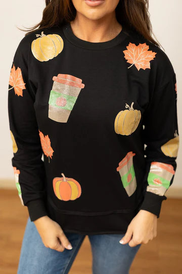 GLITTER FALL ELEMENTS ON BLACK SWEATSHIRT