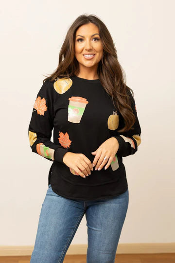 GLITTER FALL ELEMENTS ON BLACK SWEATSHIRT