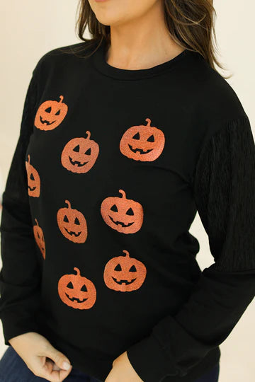 GLITTER PUMPKINS ON BLACK SWEATSHIRT