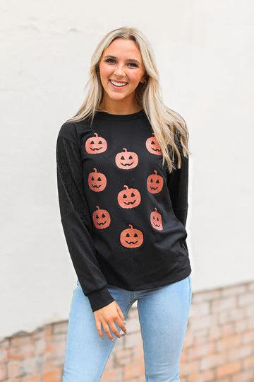 GLITTER PUMPKINS ON BLACK SWEATSHIRT