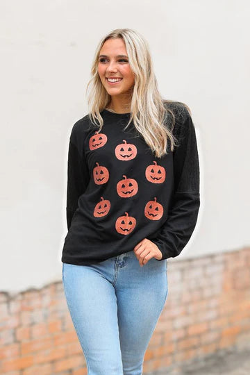 GLITTER PUMPKINS ON BLACK SWEATSHIRT