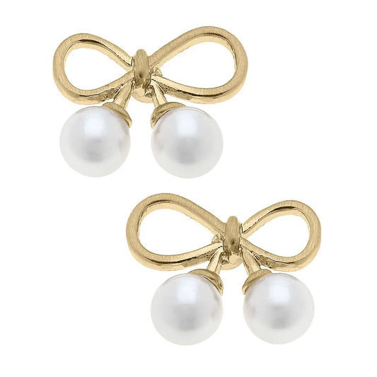 Tinsley Tiny Bow & Pearl Stud Earrings in Worn Gold