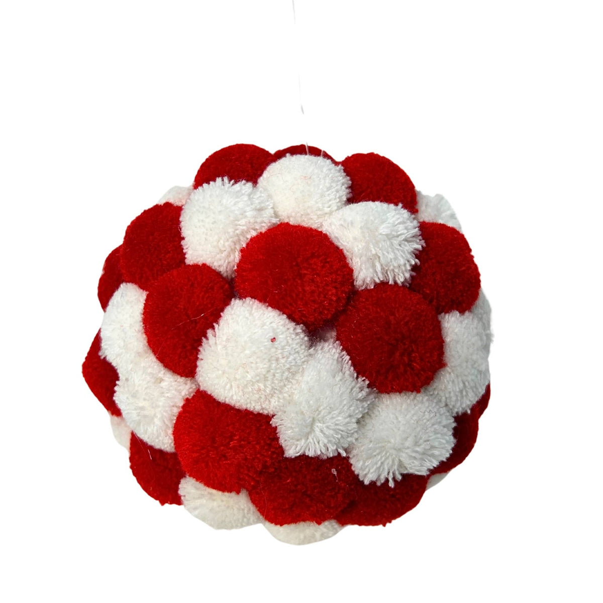 Mini Pom Pom Red/White Ball Ornament 4.5”