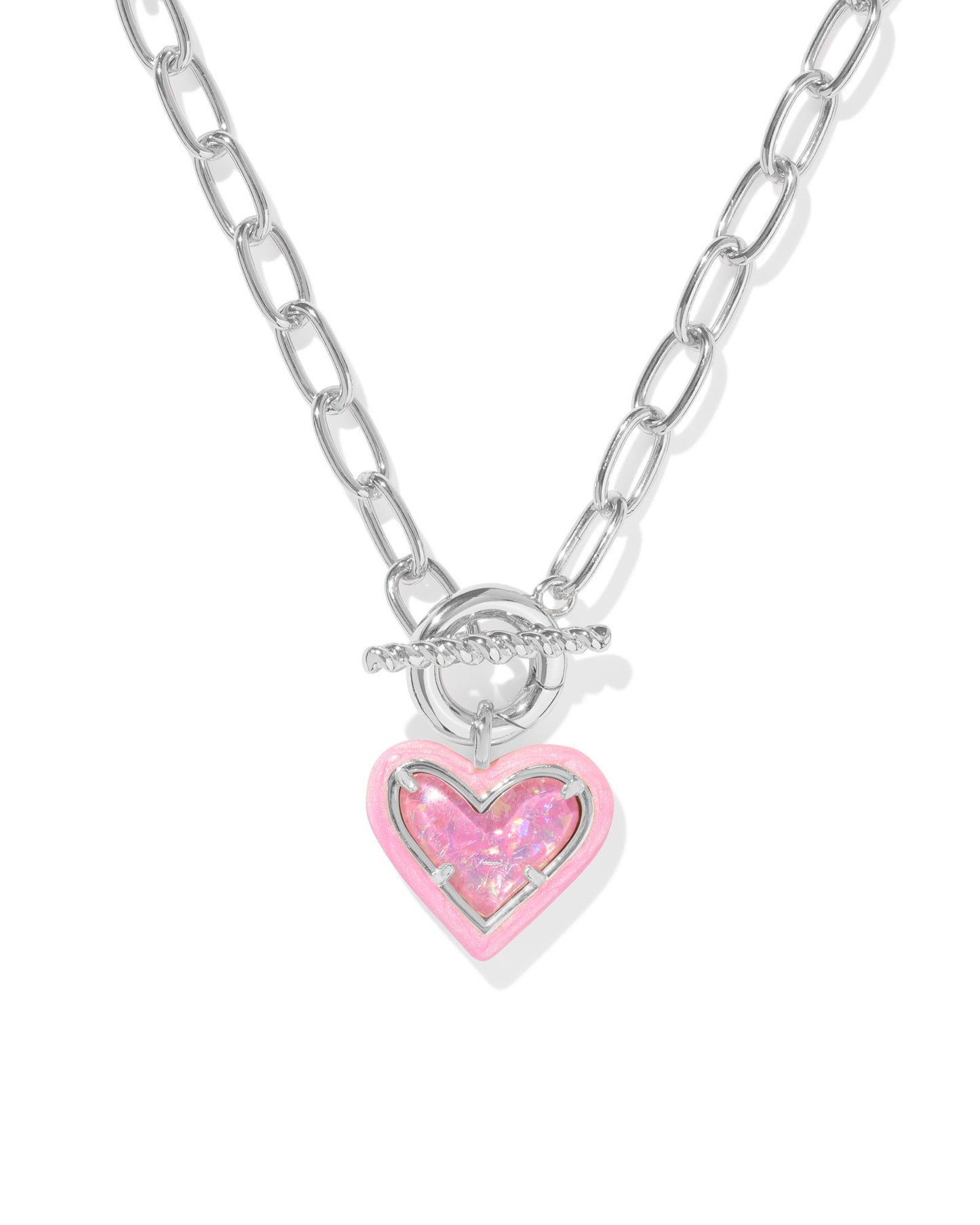 ARI HEART ENAMEL FRAME LINK AND CHAIN NECKLACE SILVER PINK IRIDESCENT GLITTER GLASS