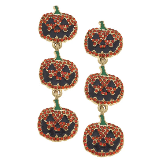 Halloween Pave Jack-O'-Lantern Triple Drop Earrings