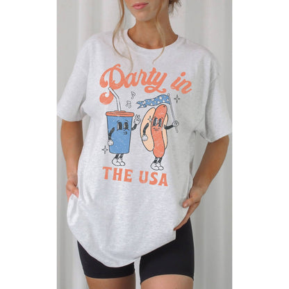 Vintage Party in the USA Oversized Patriotic 4th Graphic Tee: WHITE / M/L