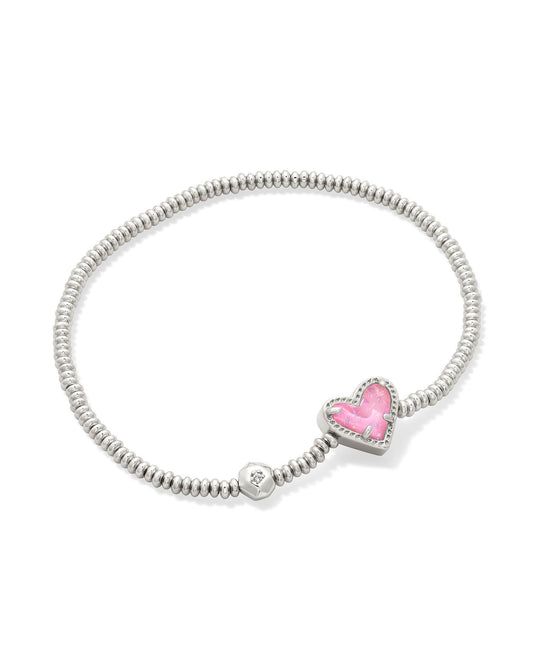 ARI HEART STRETCH BRACELET SILVER PINK IRIDESCENT GLITTER GLASS