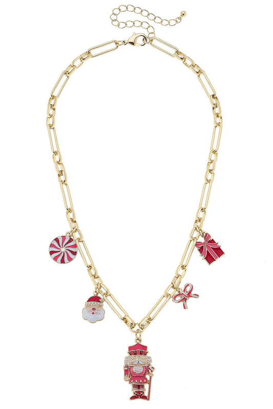 Christmas Cheer Enamel Charm Necklace in Red/Pink/White