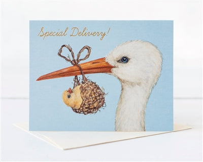 BABY STORK CARD - GOLD FOIL - A2 - "SPECIAL DELIVERY!"