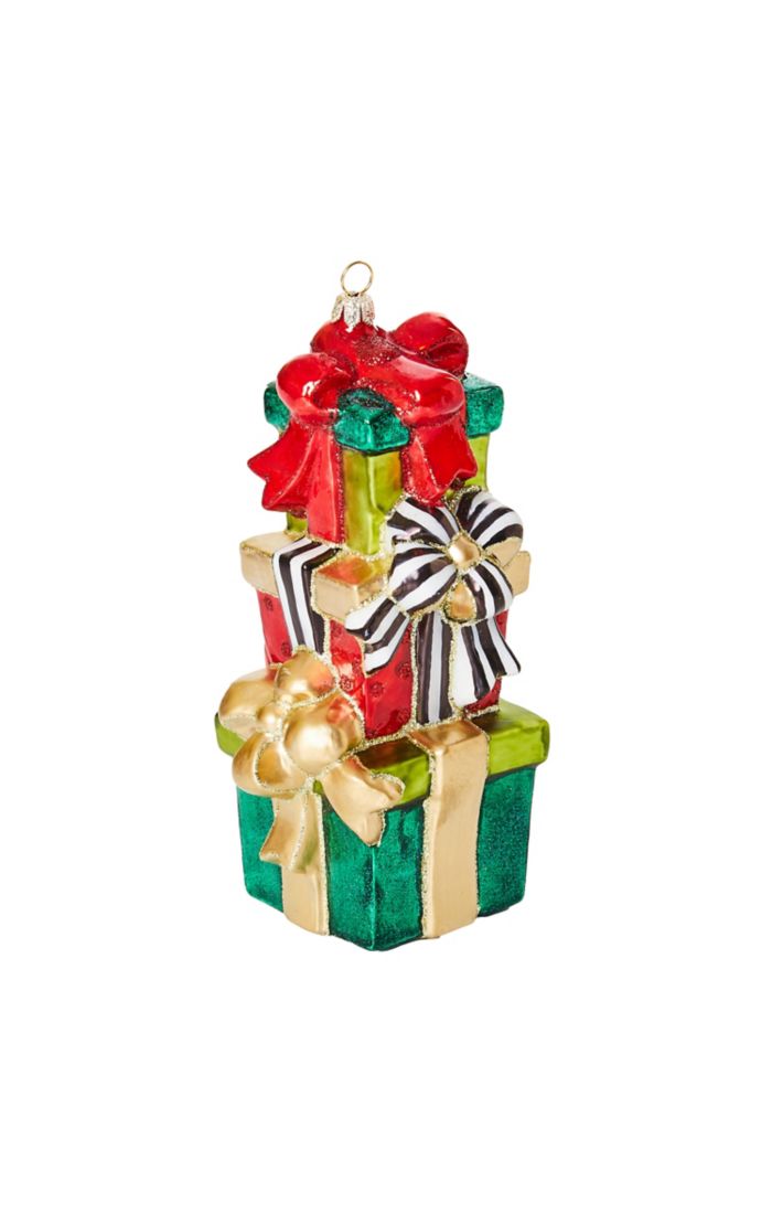 Mackenzie-Childs Cozy Christmas Stacked Gifts Glass Ornament