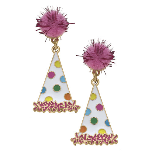 Polka Dotted Party Hat Enamel Earrings in Rainbow Multi