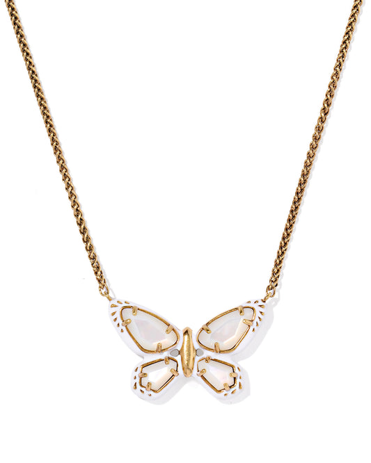 DOLLY PARTON ENAMEL BUTTERFLY SHORT PENDANT NECKLACE VINTAGE GOLD WHITE MIX