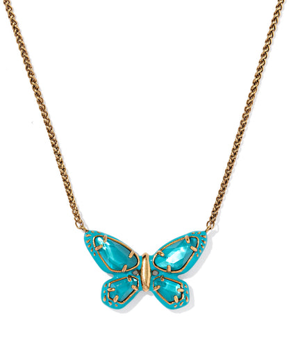 DOLLY PARTON ENAMEL BUTTERFLY SHORT PENDANT NECKLACE VINTAGE GOLD DARK TEAL MIX