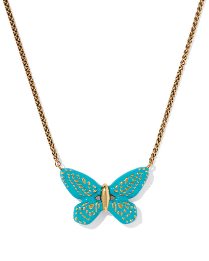 DOLLY PARTON ENAMEL BUTTERFLY SHORT PENDANT NECKLACE VINTAGE GOLD DARK TEAL MIX
