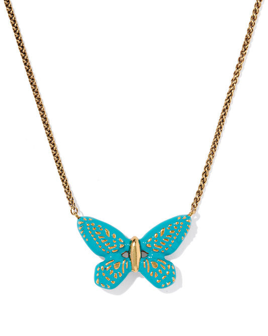 DOLLY PARTON ENAMEL BUTTERFLY SHORT PENDANT NECKLACE VINTAGE GOLD DARK TEAL MIX