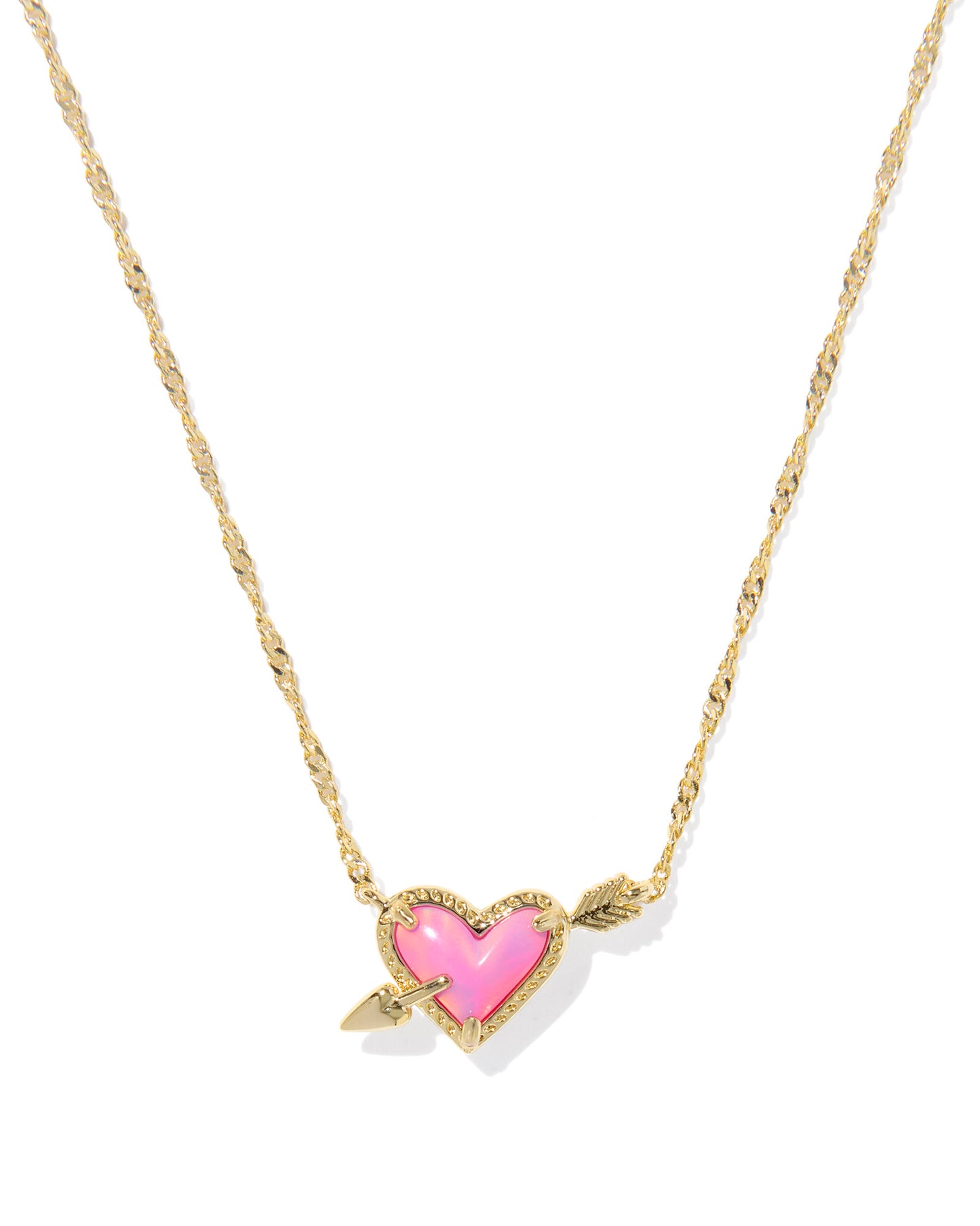 ARI HEART ARROW SHORT PENDANT NECKLACE GOLD PINK OPALESCENT RESIN