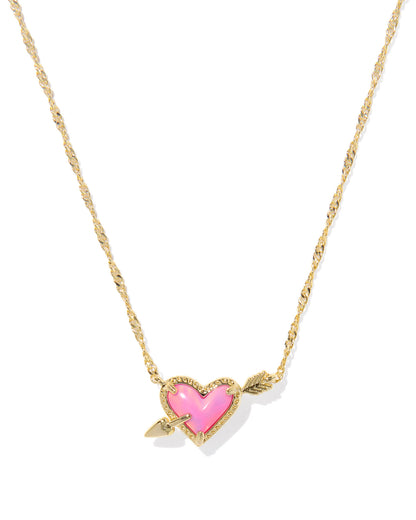 ARI HEART ARROW SHORT PENDANT NECKLACE GOLD PINK OPALESCENT RESIN
